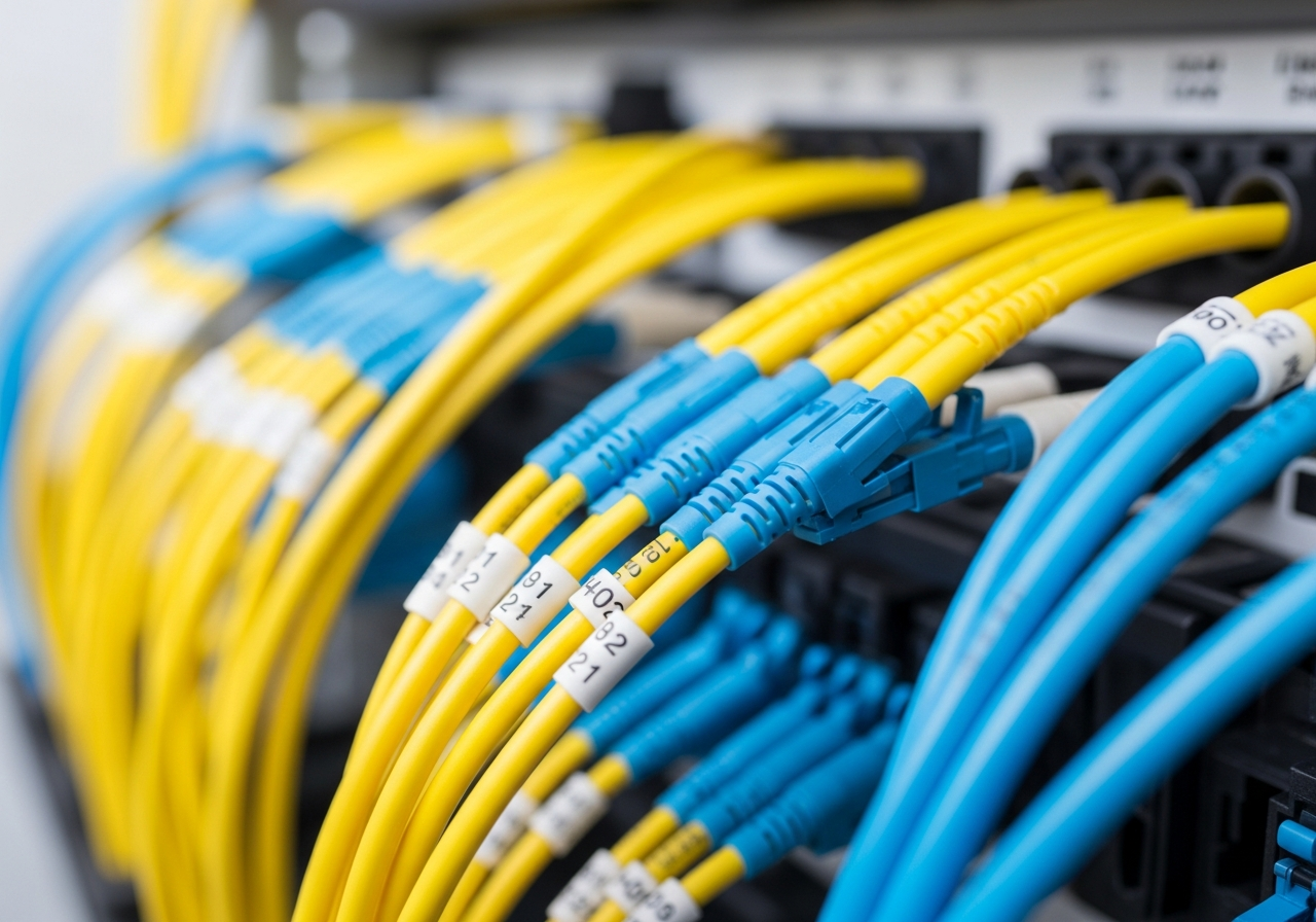 Technician working on fibre optic cabling